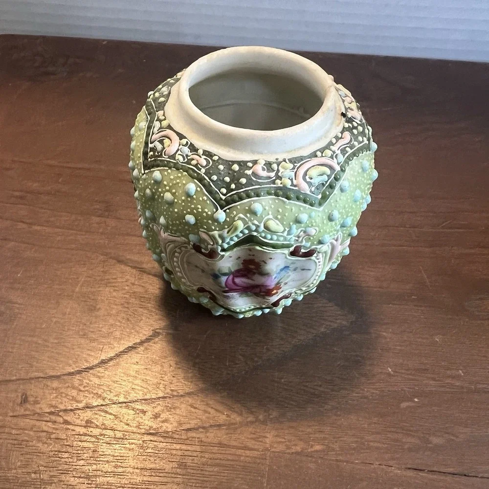Antique Nippon Moriage Vase Hand Painted Floral Celadon Green Porcelain 3.25